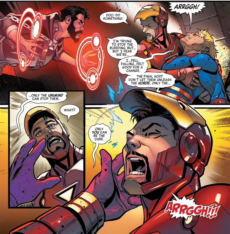 Ikaris passes on the power of the Unimind—the legacy of the Eternals—to Tony Stark before dying.